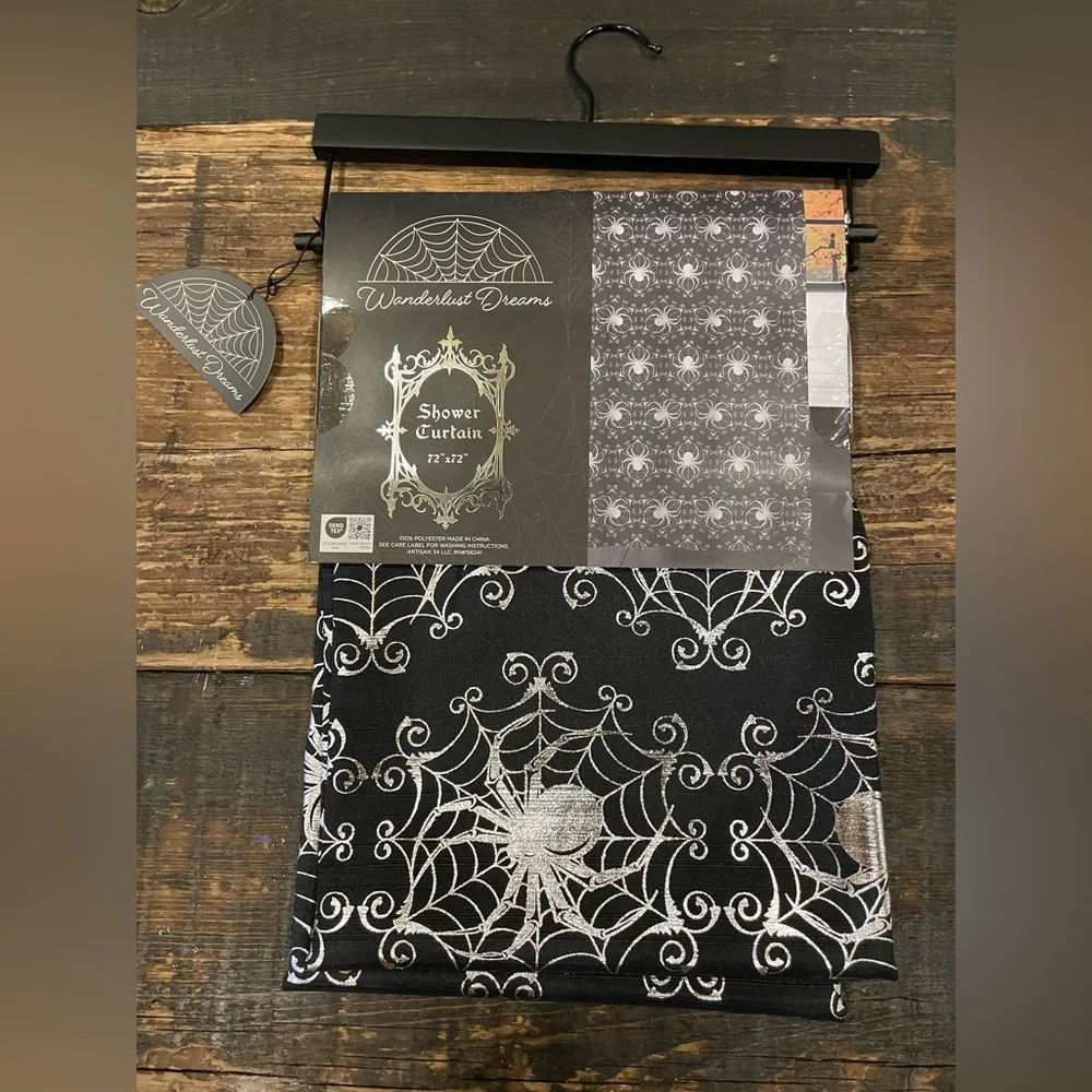 WANDERLUST DREAMS NWT Black W/Metallic Silver Spiders Halloween Shower Curtain